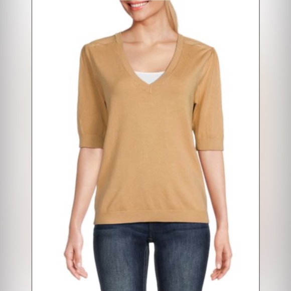 NEW Ellen Tracy Faux Leather Trim V-Neck Sweater in Sand - Picture 2 of 14